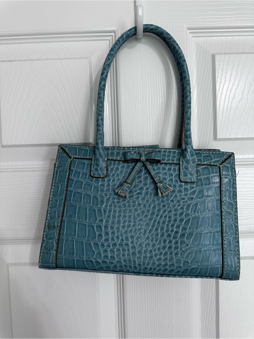 Liz Claiborne Teal Croc-Embossed Tote with Bow Accent
